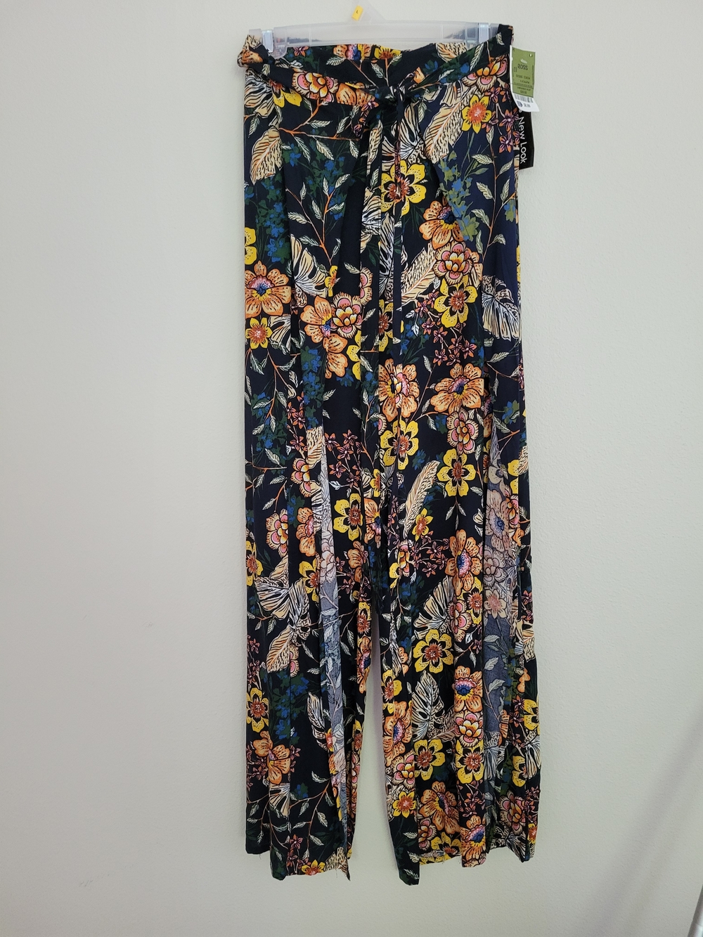 New Look Navy Wide Leg Floral Tie Waist Pants